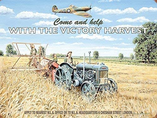 [966552235] Come and help with the victory harvest. WLA Office. Spitfire flying over women harvesting field.